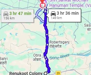 Renukoot to Varanasi Route Map