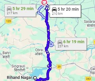 Rihand Nagar to Varanasi Route Map