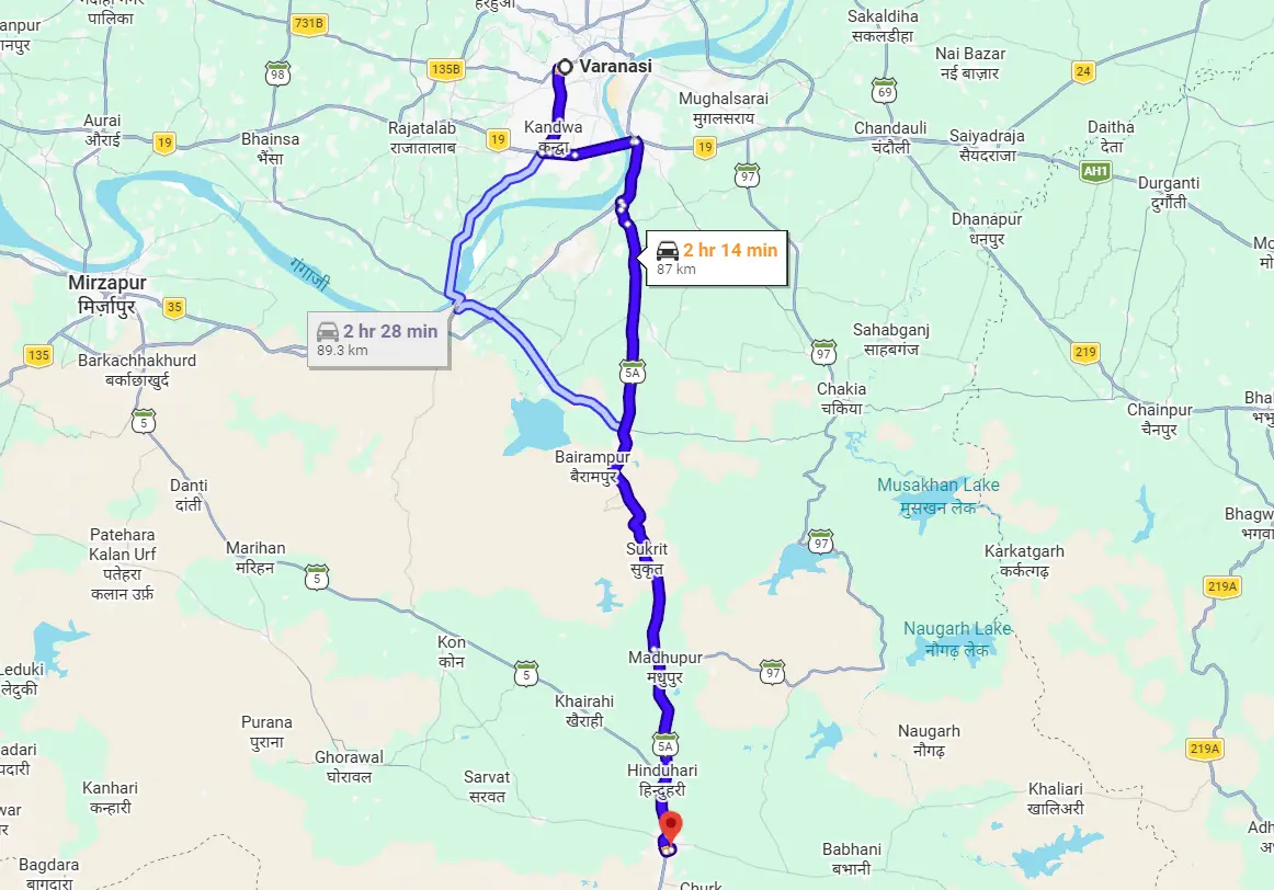 Varanasi to Robertsganj Route Map