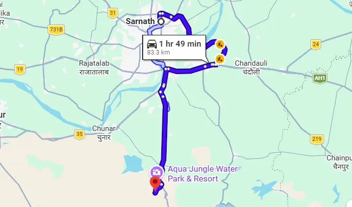 Sarnath to Lakhaniya Dari Waterfall Route Map
