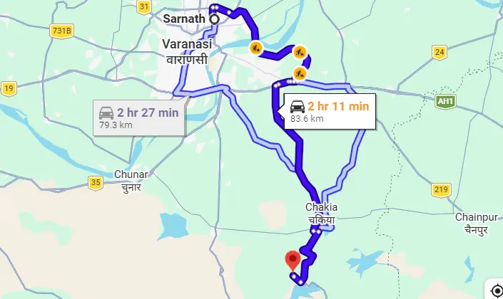 Sarnath to Rajdari Waterfall Route Map