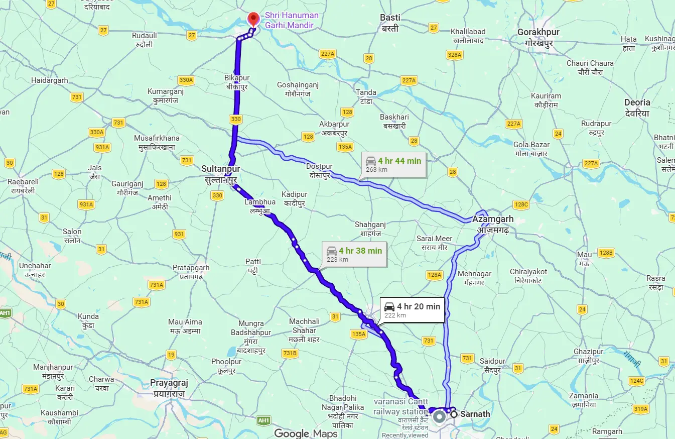 Sarnath to Ayodhya Route Map