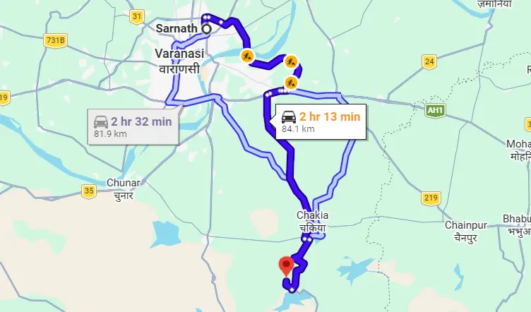Sarnath to Devdari Waterfall Route Map