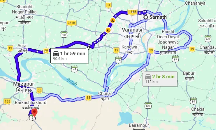 Sarnath to Windom fall Route Map