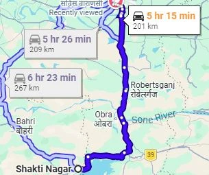 Shaktinagar to Varanasi Route Map