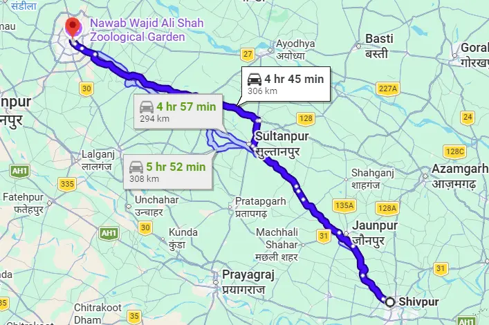 Shivpur to Lucknow Route Map