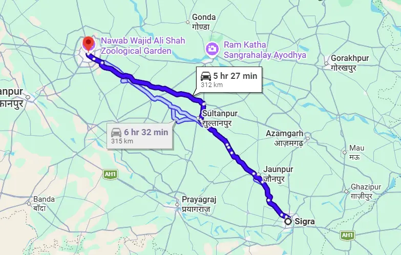 Sigra to Lucknow Route Map