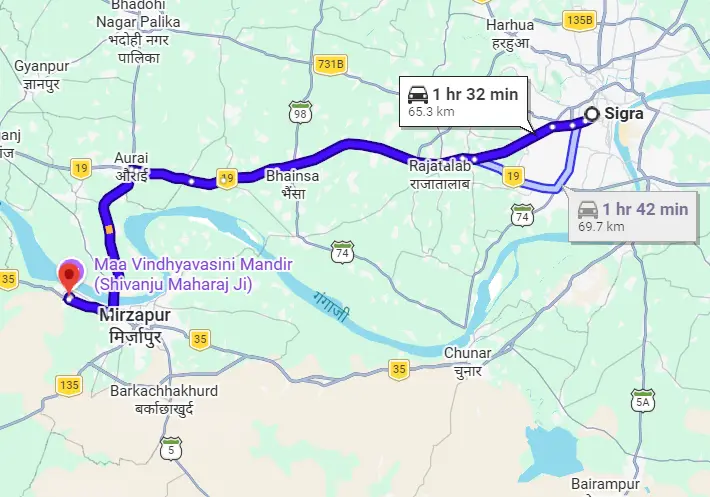 Sigra to Vindhyachal Route Map