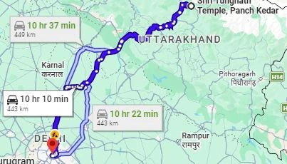 Tungnath to Delhi Route Map