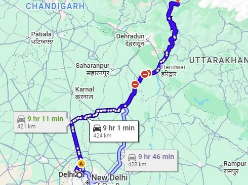 Delhi to Uttarkashi Route Map