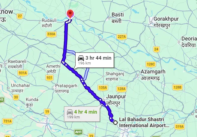 Varanasi Airport to Ayodhya Route Map