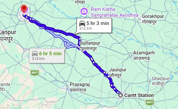 Varanasi Cantt Station to Lucknow Route Map