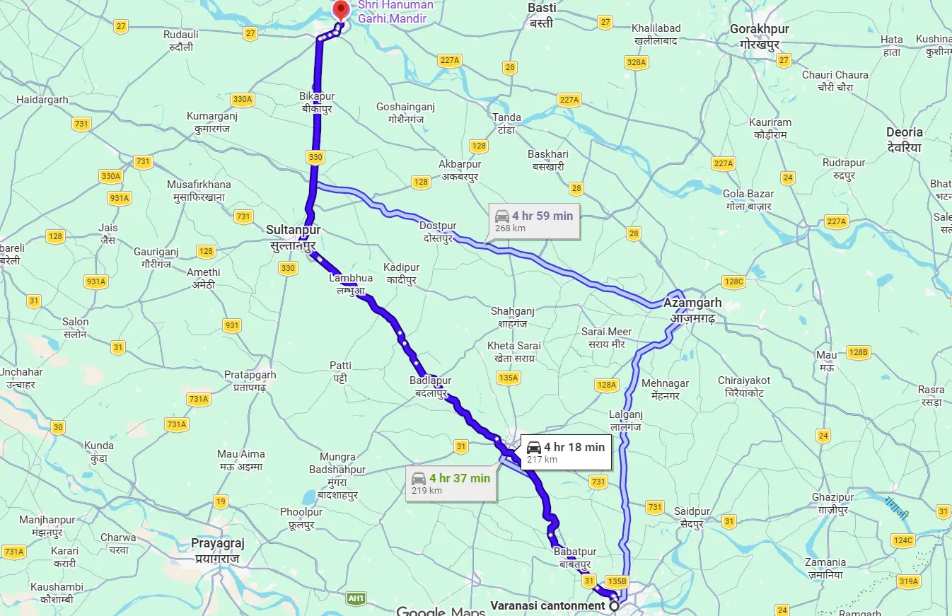 Varanasi Cantt to Ayodhya Route Map
