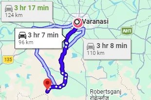 Varanasi to Mukha Waterfall Route Map
