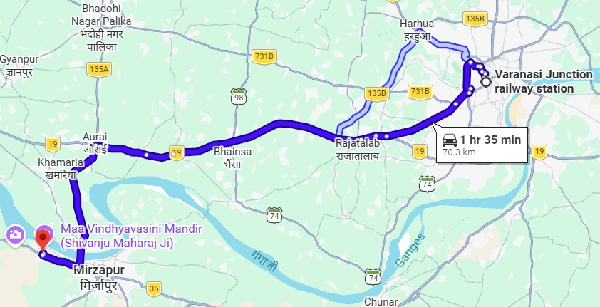 Varanasi Railway Station to Vindhyachal Route Map