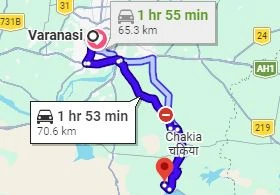 Varanasi to Rajdari Waterfall Route Map