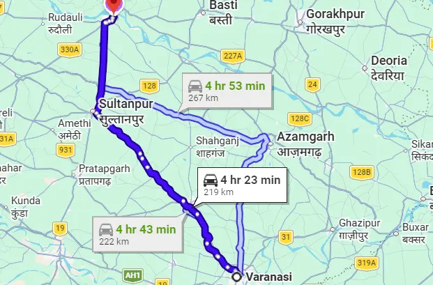 Varanasi to Ayodhya Route Map