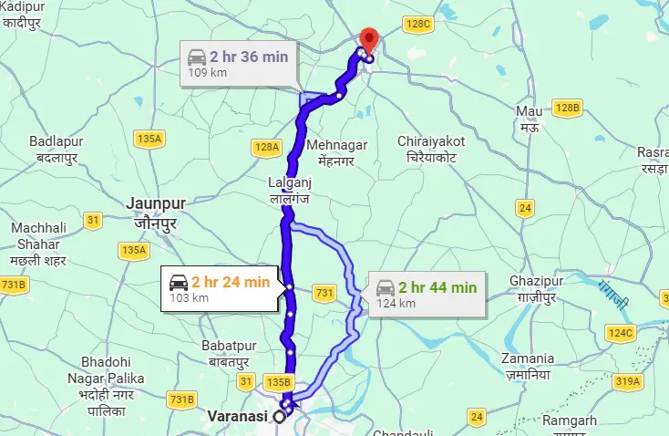 Varanasi to Azamgarh Route Map