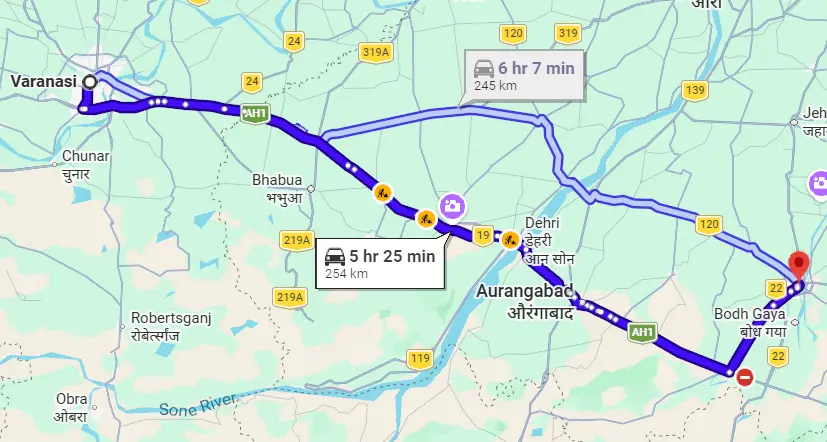 Varanasi to Gaya Route Map
