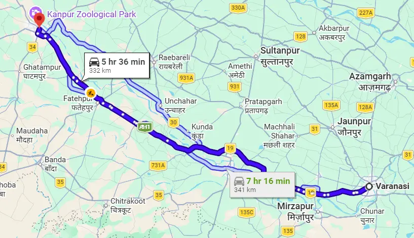 Varanasi to Kanpur Route Map