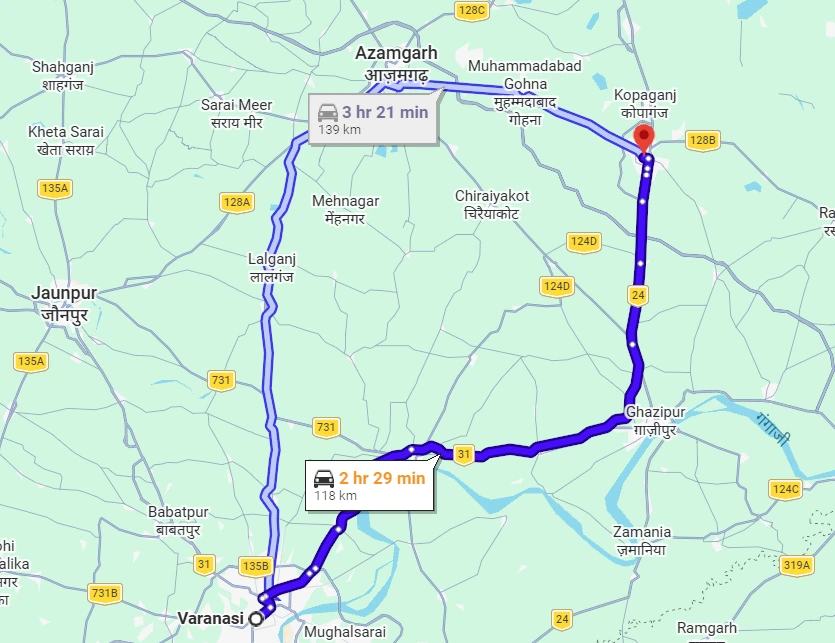 Varanasi to Mau Route Map