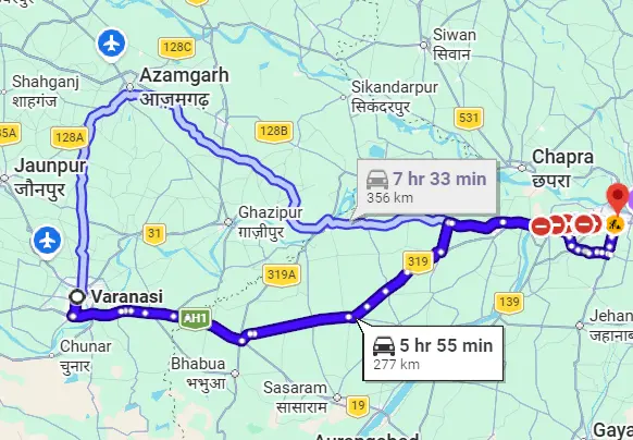 Varanasi to Patna Route Map
