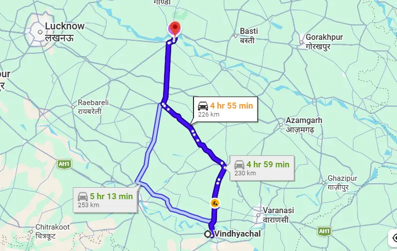 Vindhyachal to Ayodhya Route Map