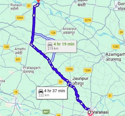 Varanasi to Ayodhya Route Map